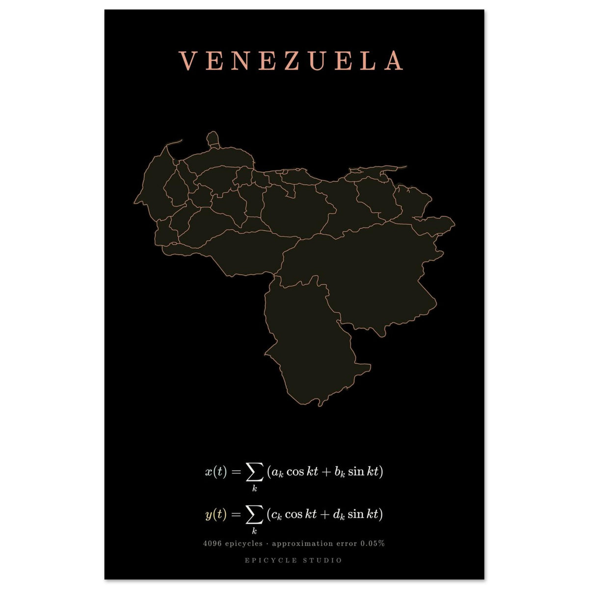 Venezuela map drawn by 4096 rotating circles, salmon line art on a matte poster (2)