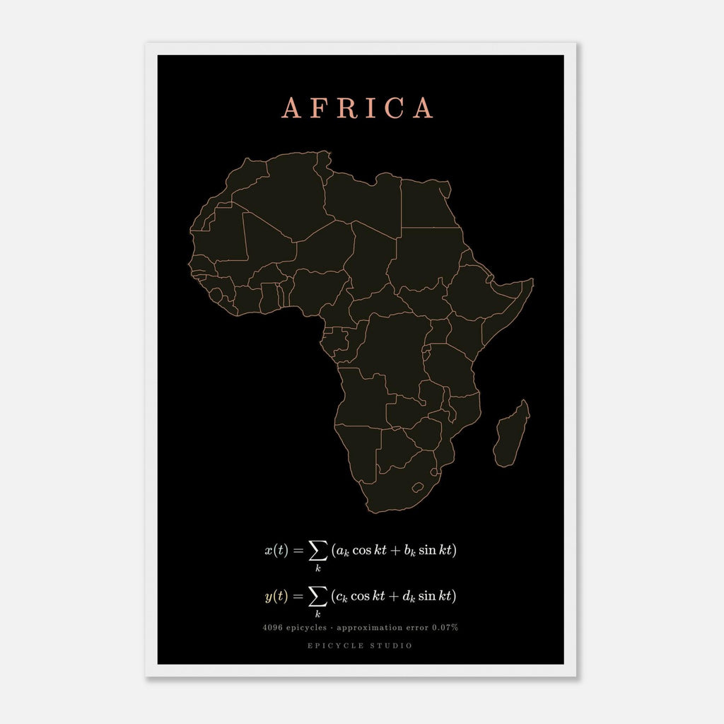 Africa map drawn by 4096 rotating circles, salmon line art on a framed poster (5)