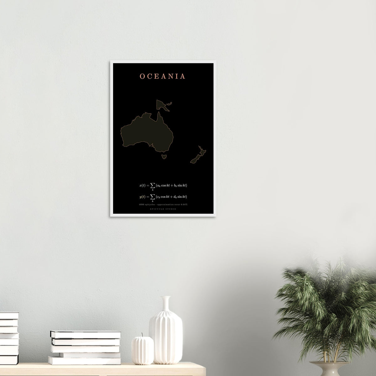 Oceania map drawn by 4096 rotating circles, salmon line art on a framed poster (7)