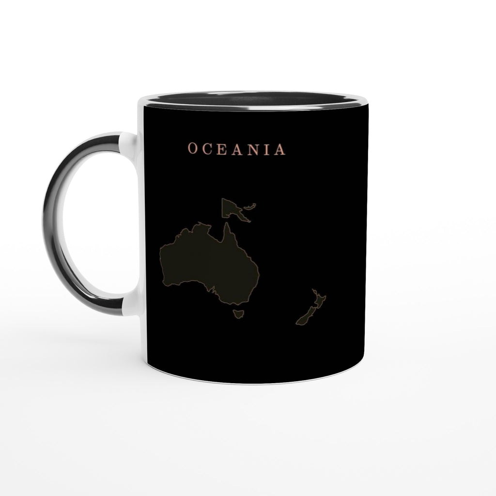 Oceania map drawn by 4096 rotating circles, salmon line art on a black mug (2)