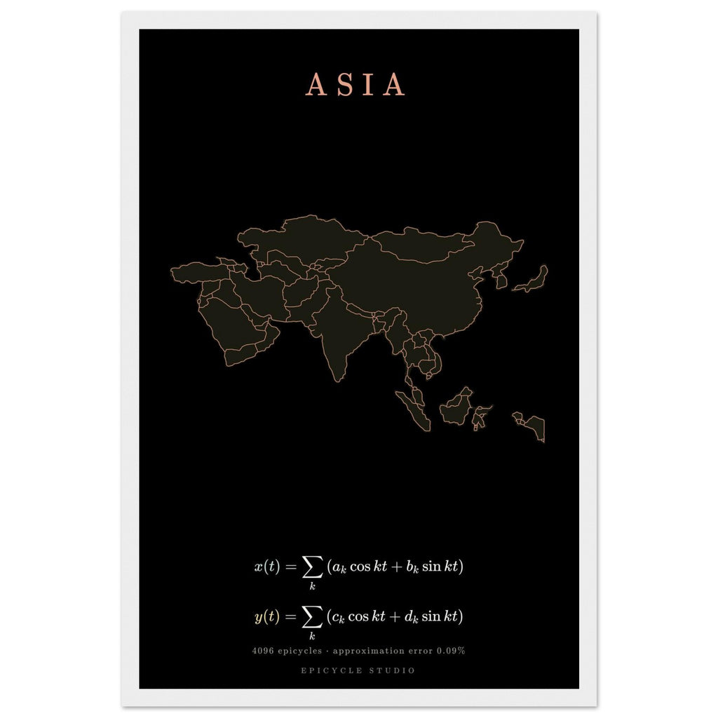 Asia map drawn by 4096 rotating circles, salmon line art on a framed poster (4)