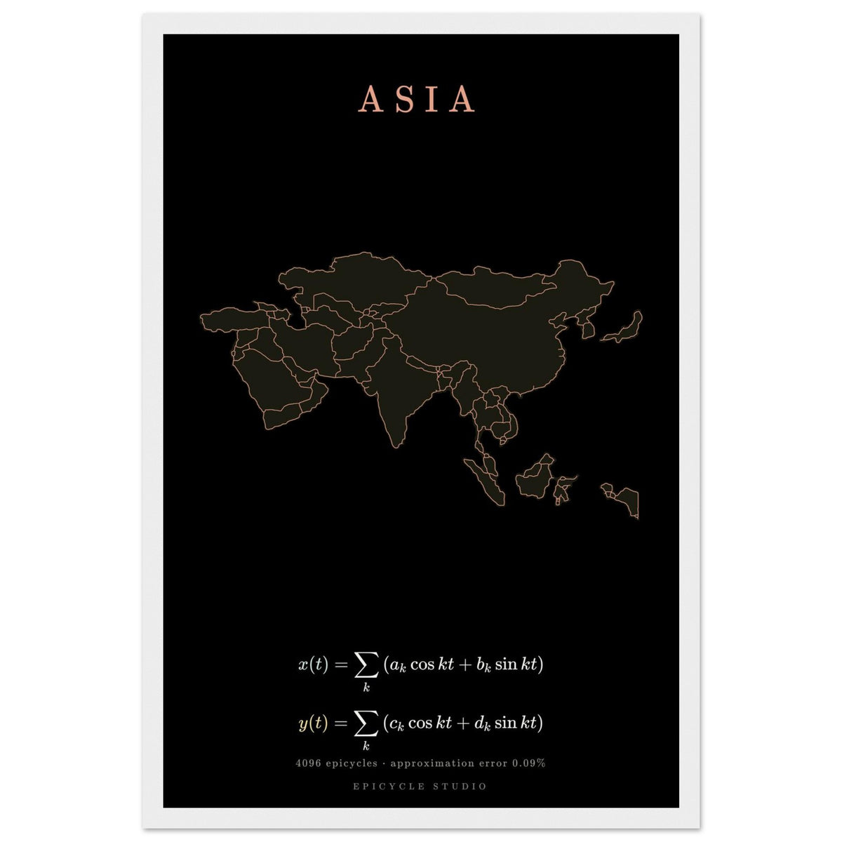 Asia map drawn by 4096 rotating circles, salmon line art on a framed poster (4)