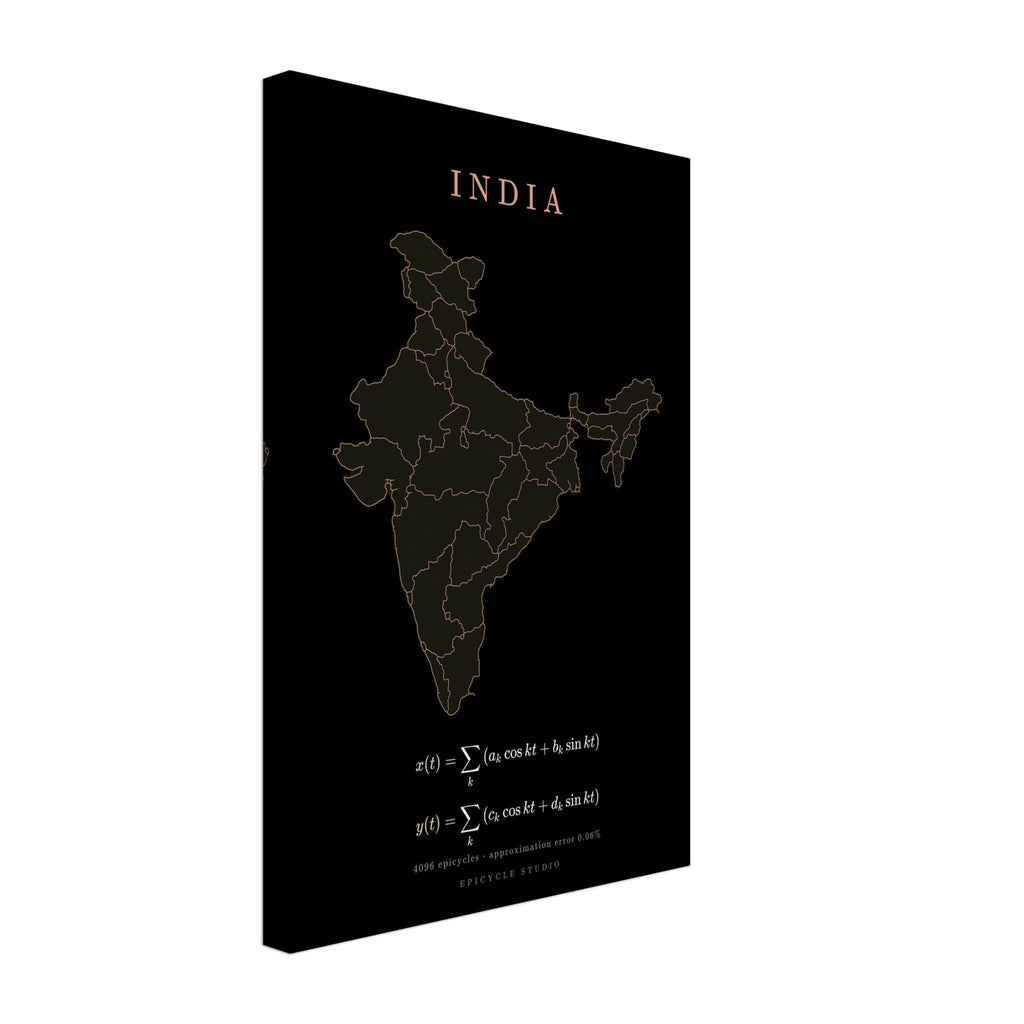 India map drawn by 4096 rotating circles, salmon line art on a canvas print (3)