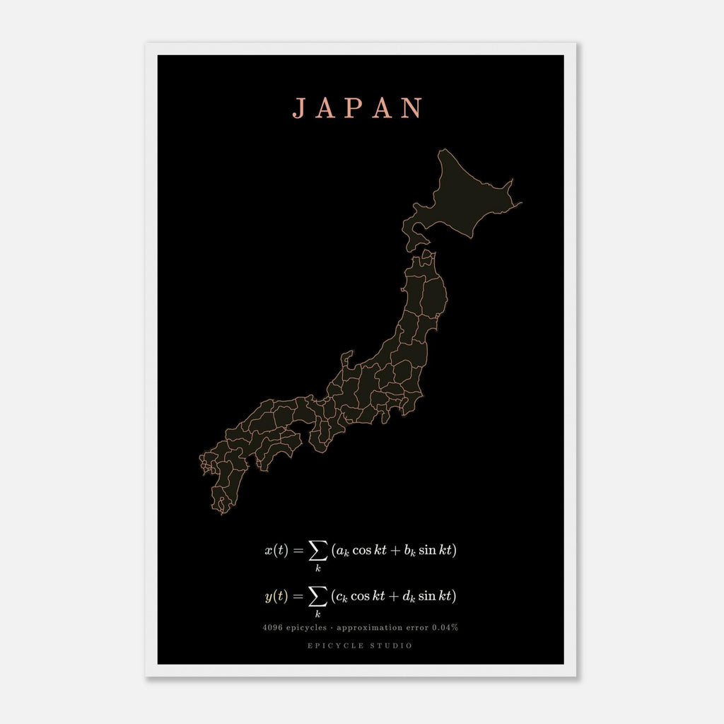 Japan map drawn by 4096 rotating circles, salmon line art on a framed poster (5)