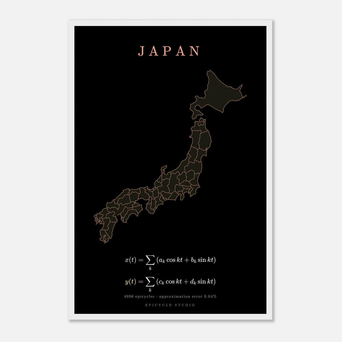 Japan map drawn by 4096 rotating circles, salmon line art on a framed poster (5)