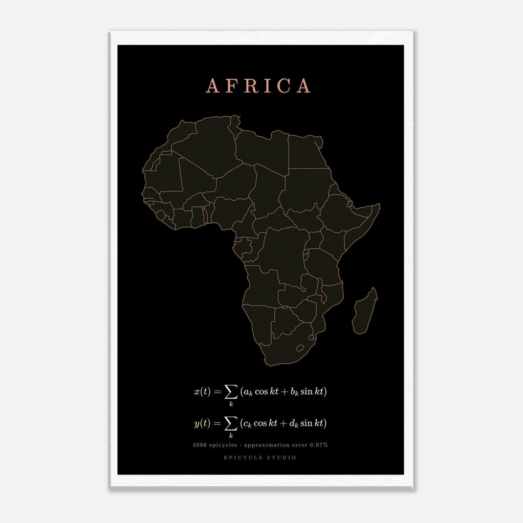 Africa map drawn by 4096 rotating circles, salmon line art on a canvas print
