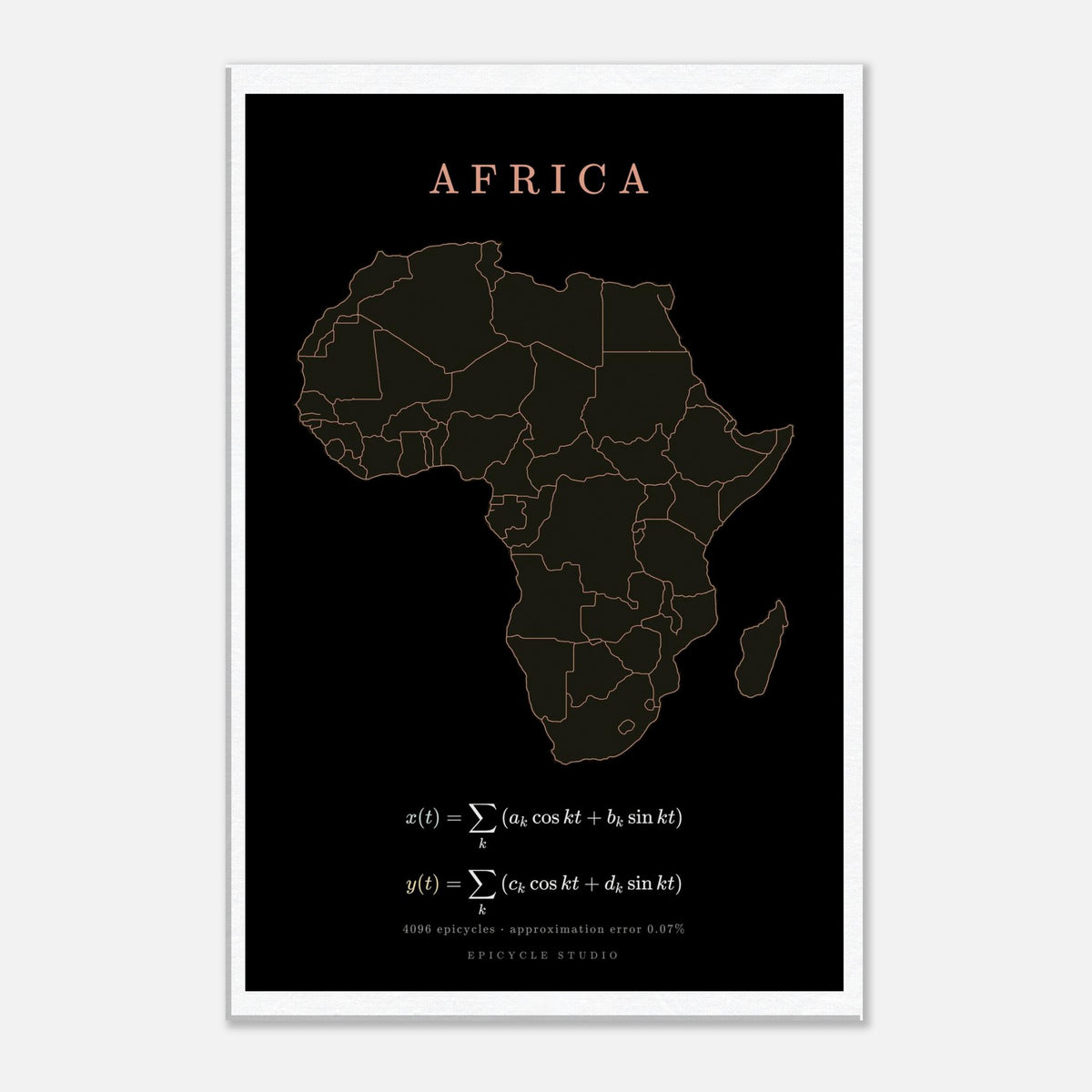 Africa map drawn by 4096 rotating circles, salmon line art on a canvas print