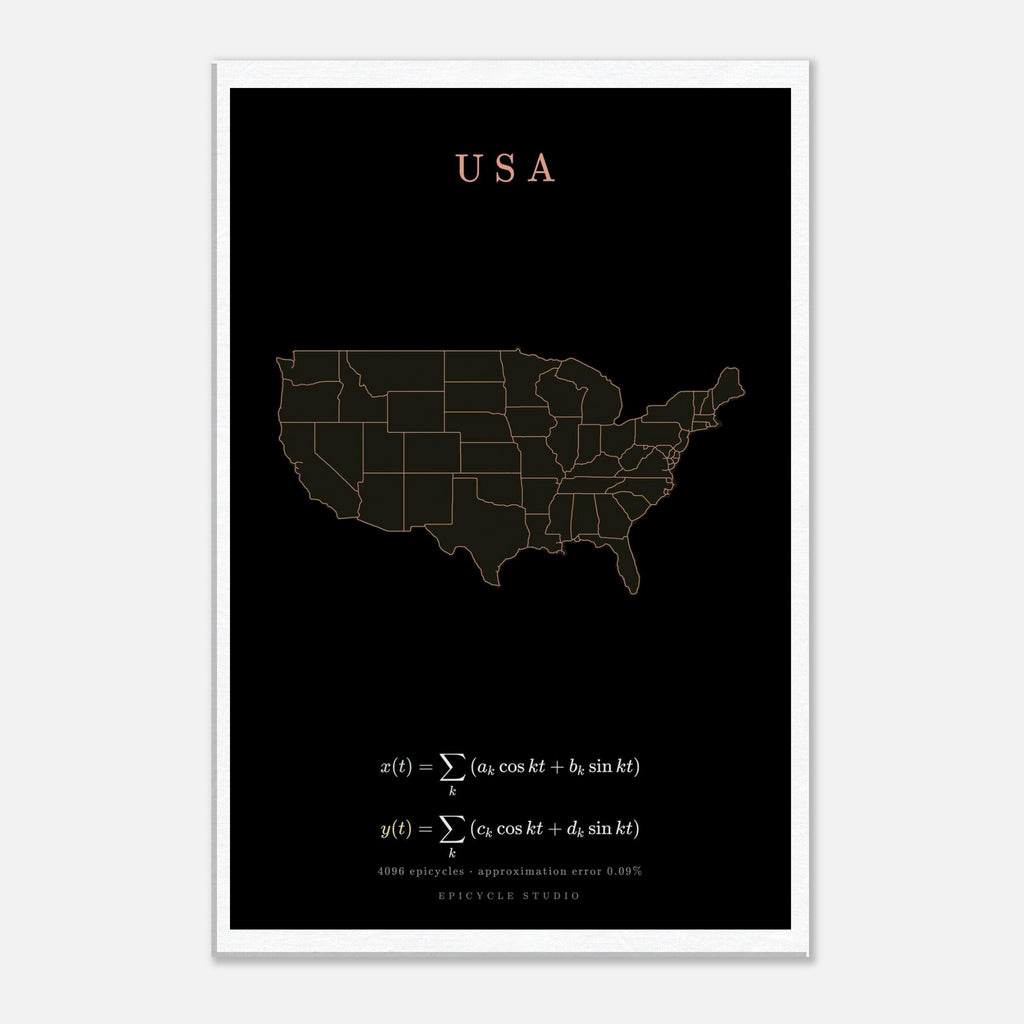 USA map drawn by 4096 rotating circles, salmon line art on a canvas print