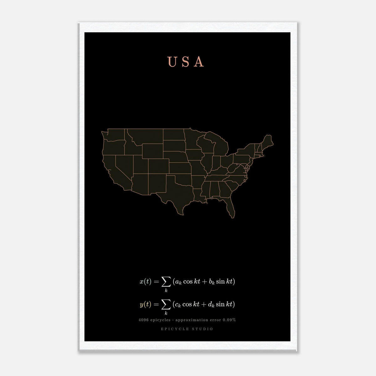 USA map drawn by 4096 rotating circles, salmon line art on a canvas print
