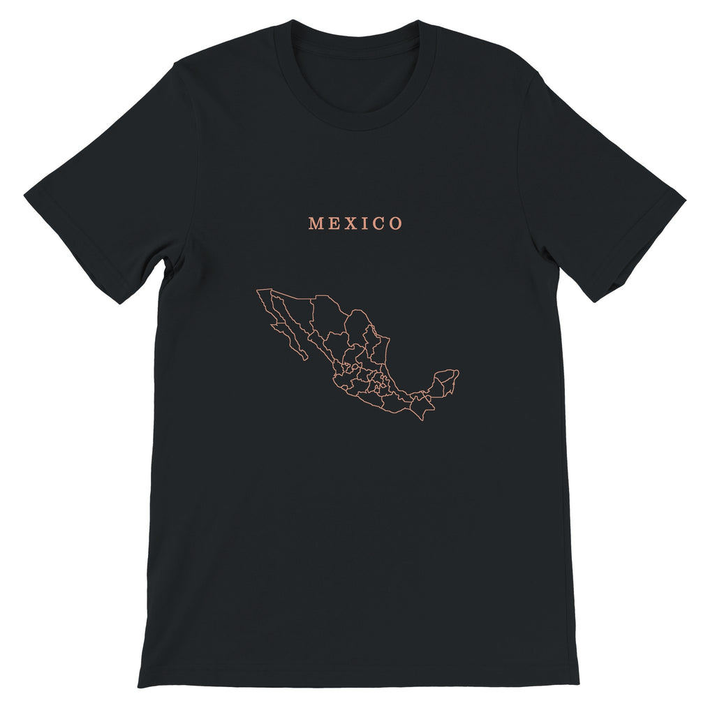 Mexico map drawn by 4096 rotating circles, salmon line art on a black t-shirt (2)