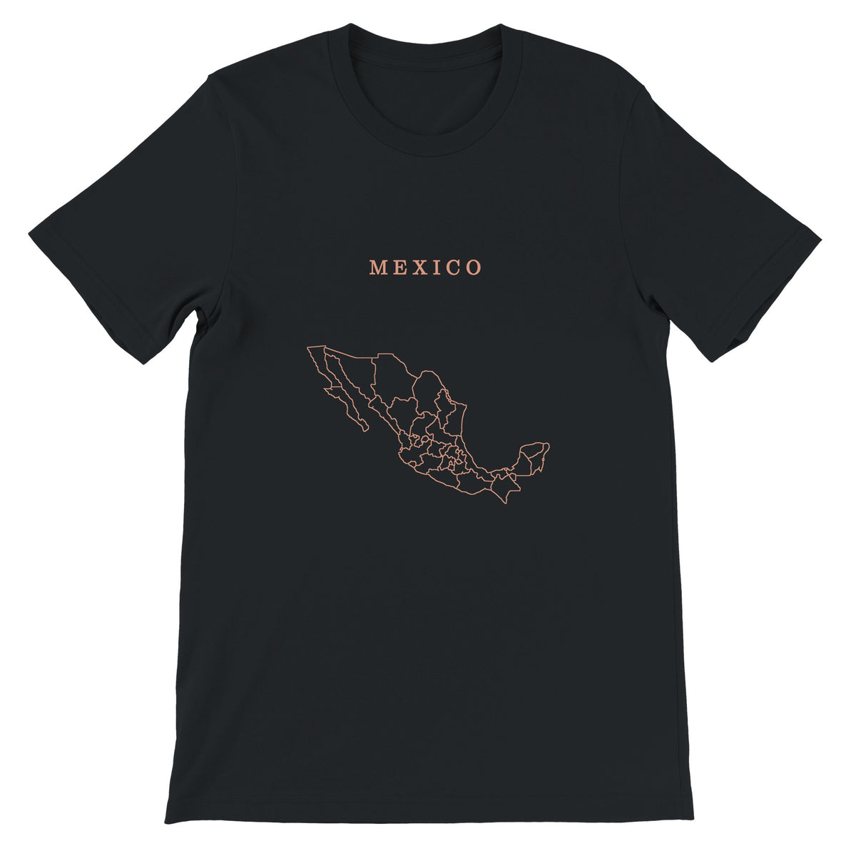 Mexico map drawn by 4096 rotating circles, salmon line art on a black t-shirt (2)