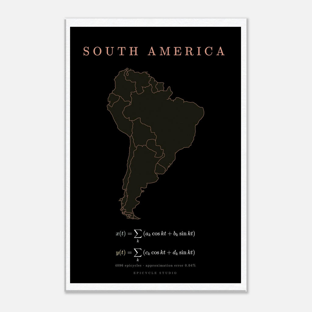 South America map drawn by 4096 rotating circles, salmon line art on a canvas print
