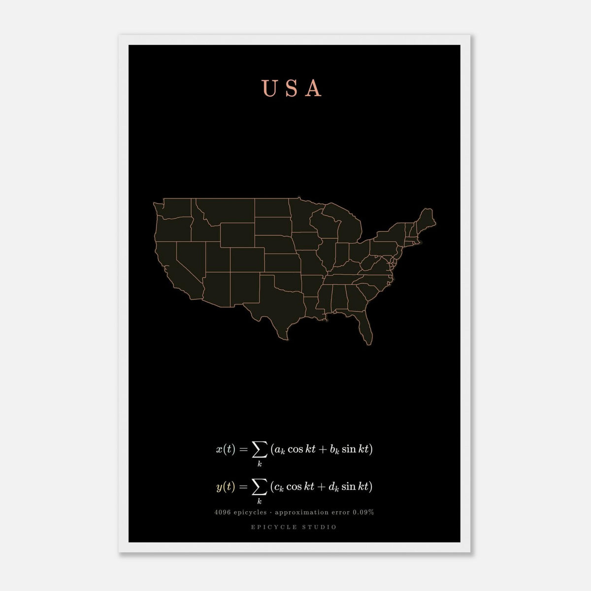 USA map drawn by 4096 rotating circles, salmon line art on a framed poster (5)