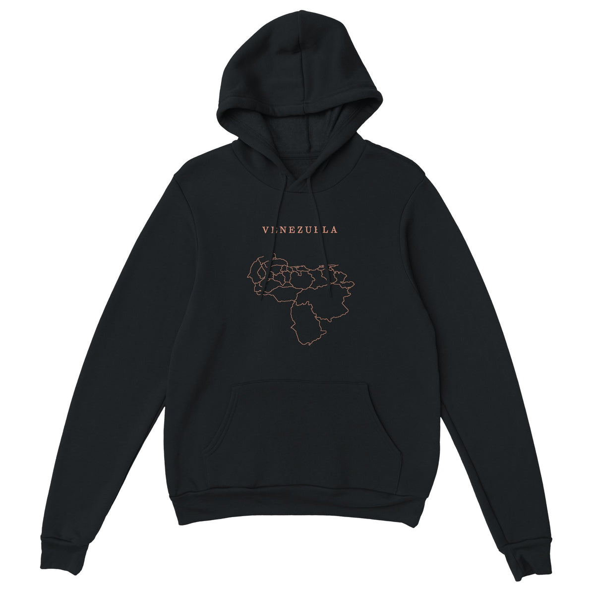 Venezuela map drawn by 4096 rotating circles, salmon line art on a black hoodie (2)