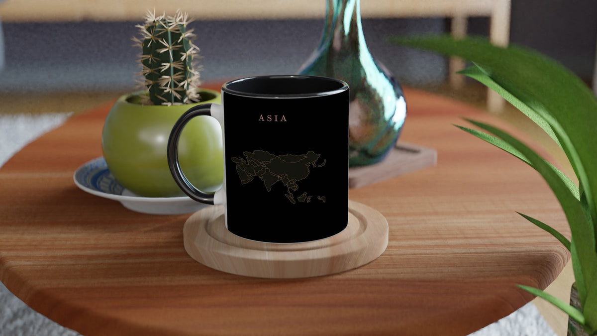 Asia map drawn by 4096 rotating circles, salmon line art on a black mug
