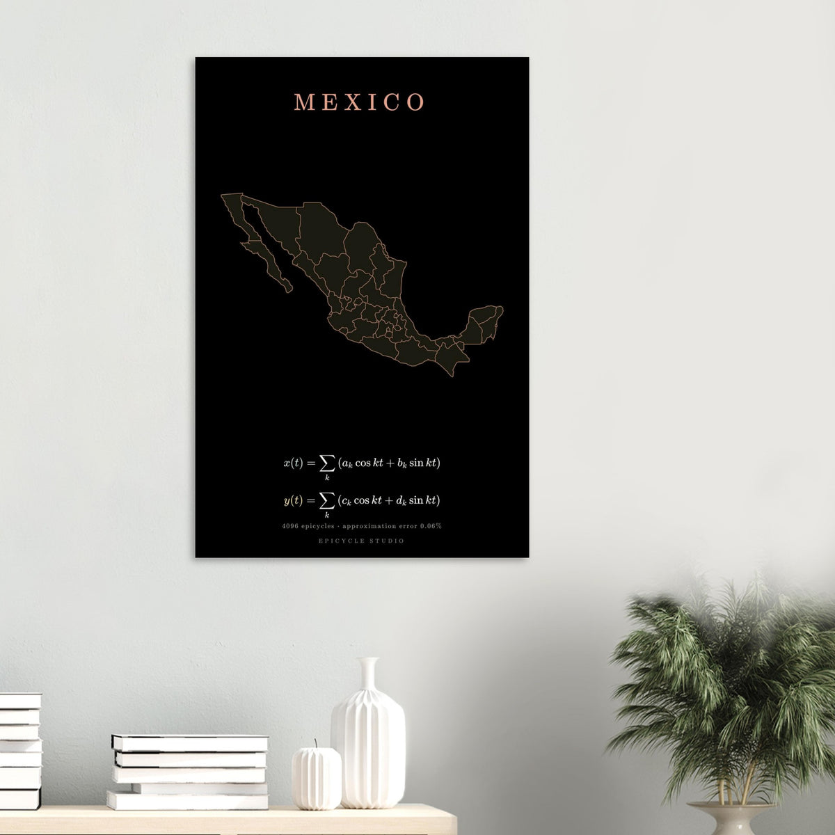 Mexico map drawn by 4096 rotating circles, salmon line art on a matte poster (6)