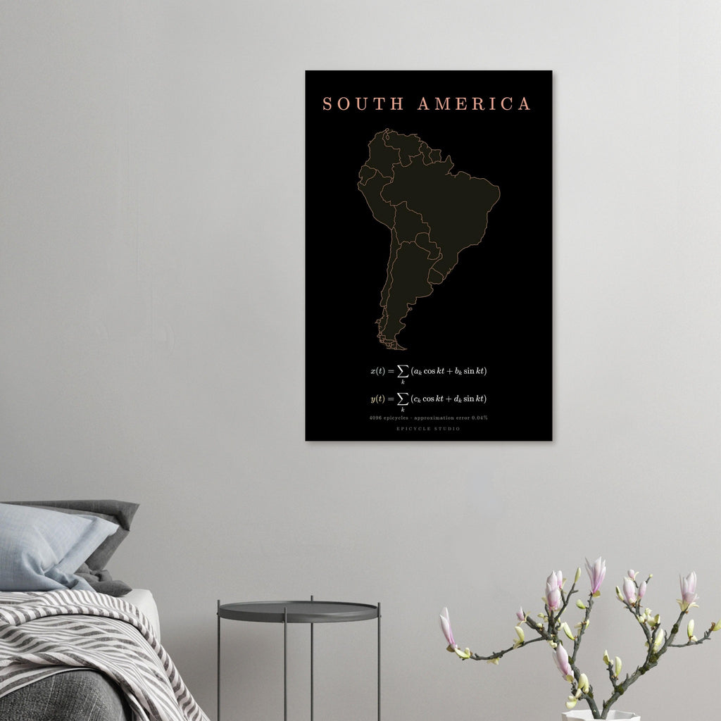South America map drawn by 4096 rotating circles, salmon line art on a matte poster (5)