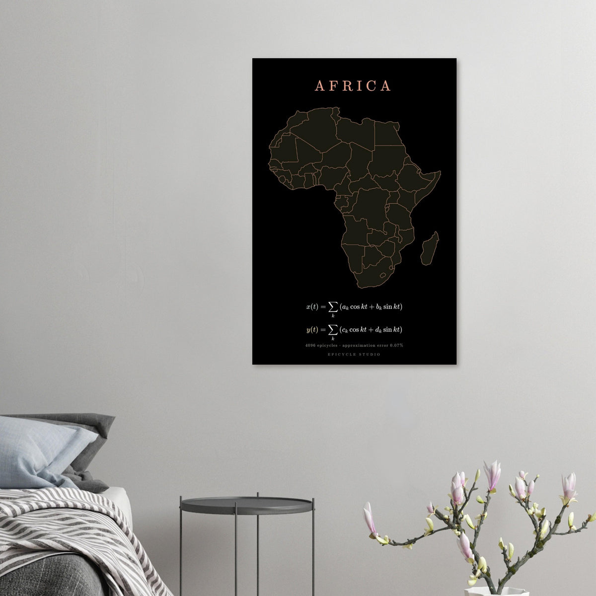 Africa map drawn by 4096 rotating circles, salmon line art on a matte poster (5)