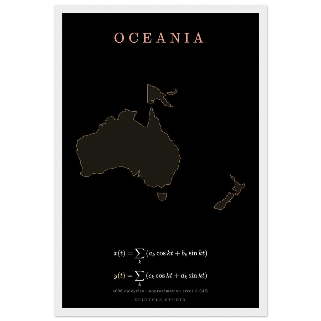 Oceania map drawn by 4096 rotating circles, salmon line art on a framed poster (4)