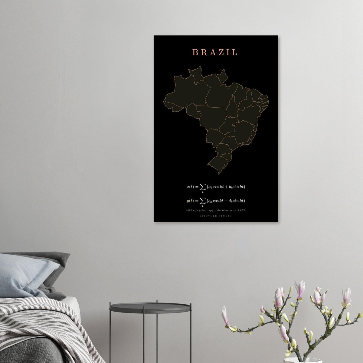 Brazil map drawn by 4096 rotating circles, salmon line art on a matte poster (5)