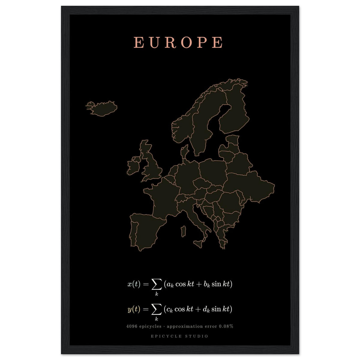 Europe map drawn by 4096 rotating circles, salmon line art on a framed poster