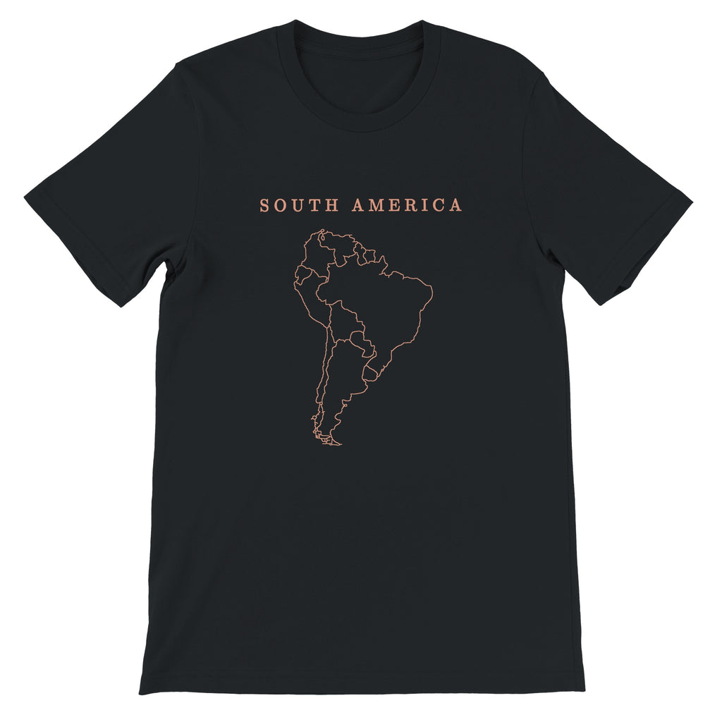 South America map drawn by 4096 rotating circles, salmon line art on a black t-shirt (2)