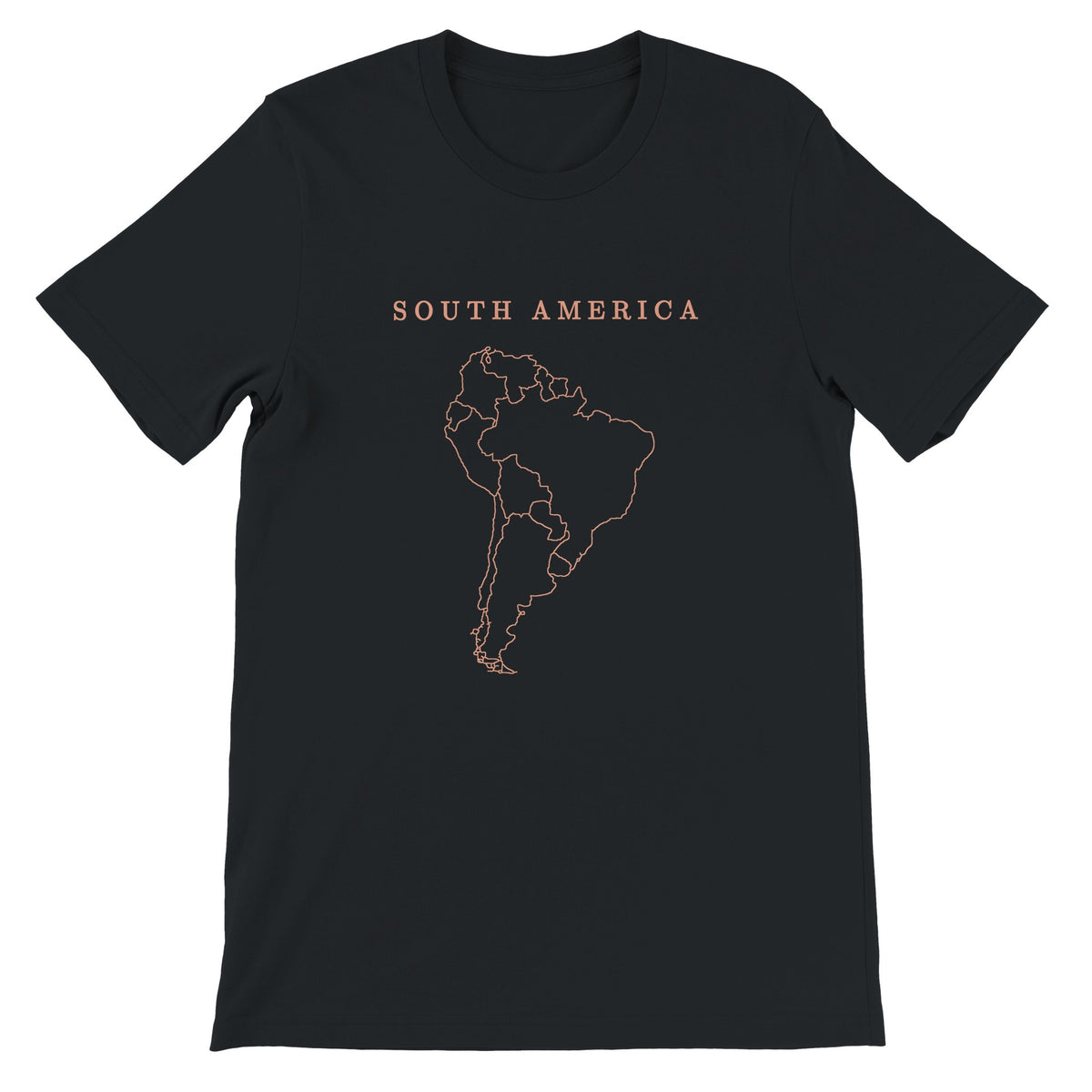 South America map drawn by 4096 rotating circles, salmon line art on a black t-shirt (2)