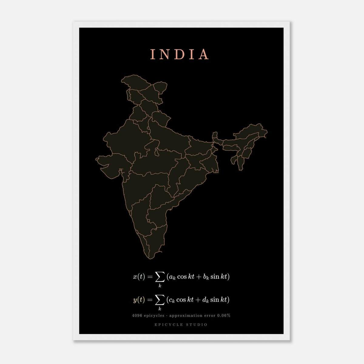 India map drawn by 4096 rotating circles, salmon line art on a framed poster (5)