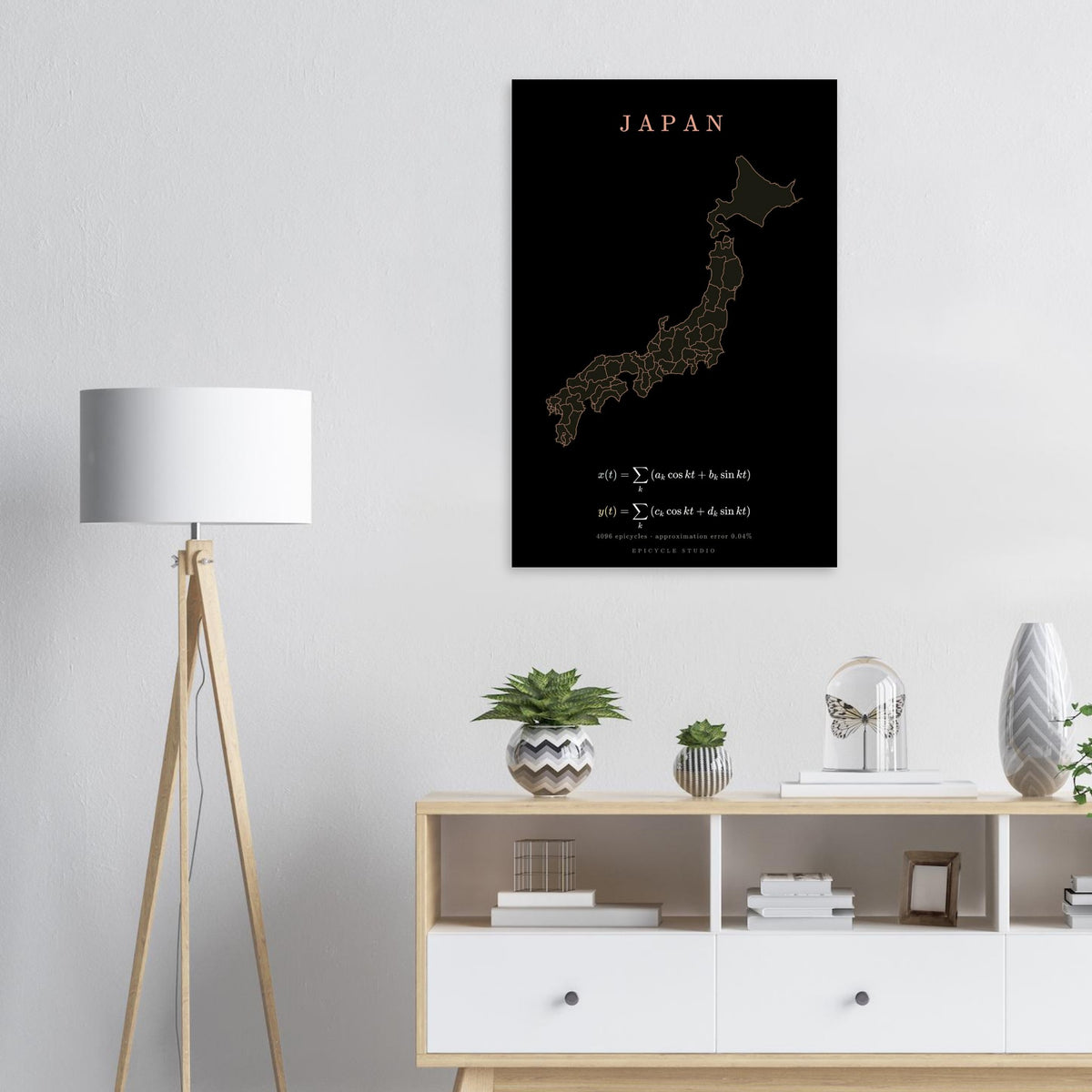 Japan map drawn by 4096 rotating circles, salmon line art on a matte poster (7)