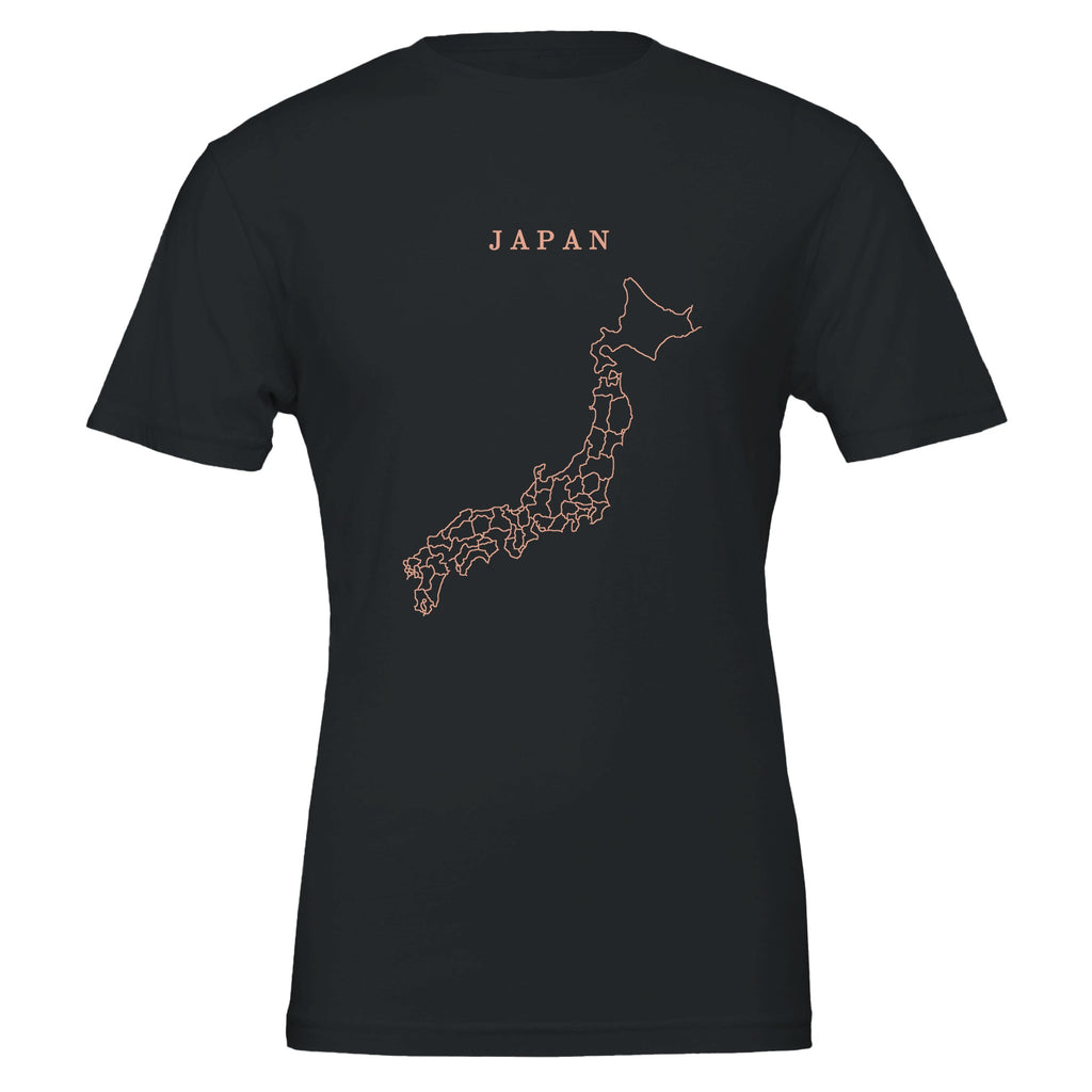 Japan map drawn by 4096 rotating circles, salmon line art on a black t-shirt
