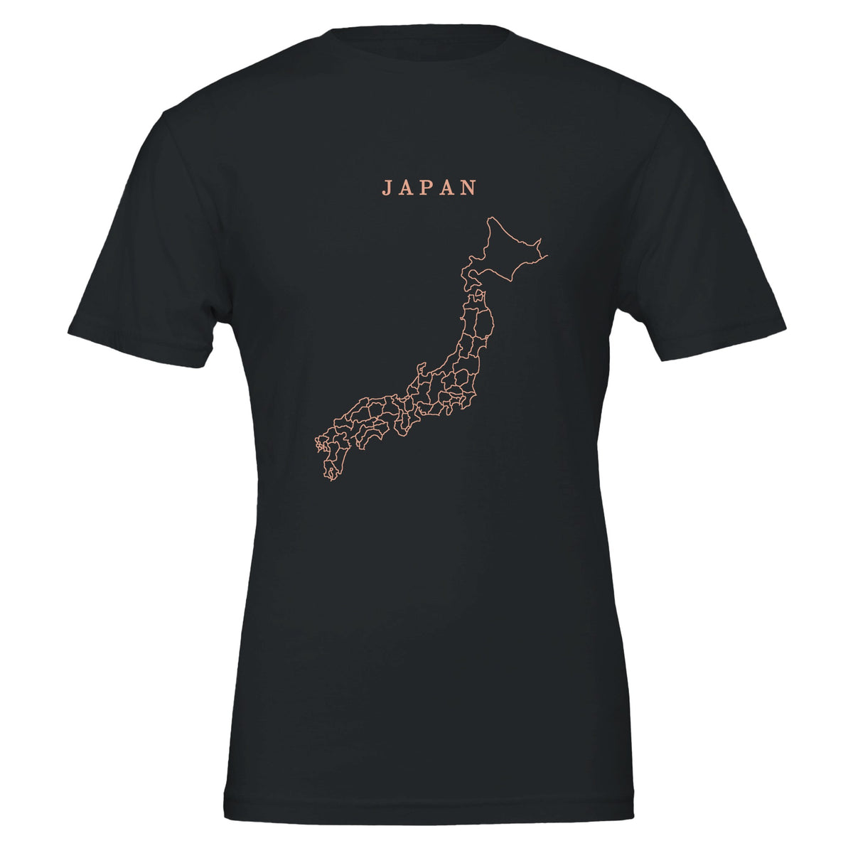 Japan map drawn by 4096 rotating circles, salmon line art on a black t-shirt