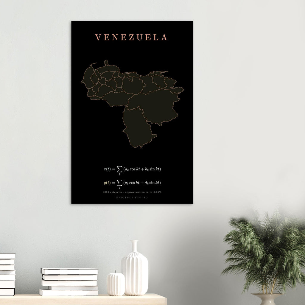 Venezuela map drawn by 4096 rotating circles, salmon line art on a matte poster (6)