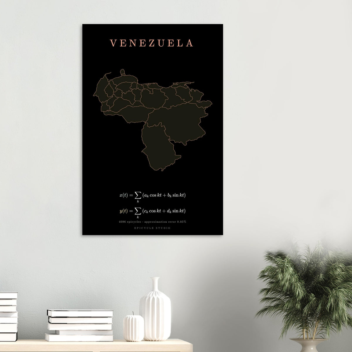 Venezuela map drawn by 4096 rotating circles, salmon line art on a matte poster (6)