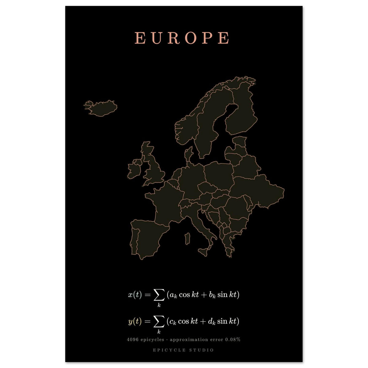 Europe map drawn by 4096 rotating circles, salmon line art on a matte poster (2)