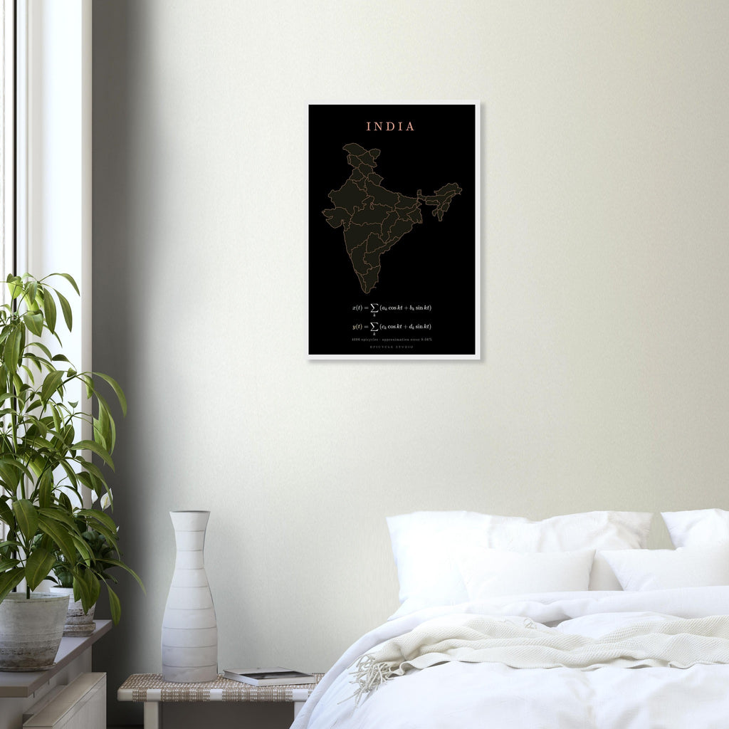 India map drawn by 4096 rotating circles, salmon line art on a framed poster (9)