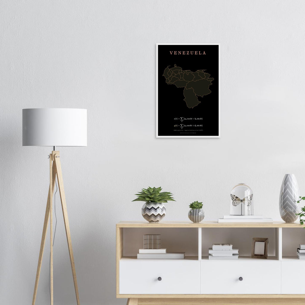 Venezuela map drawn by 4096 rotating circles, salmon line art on a framed poster (8)