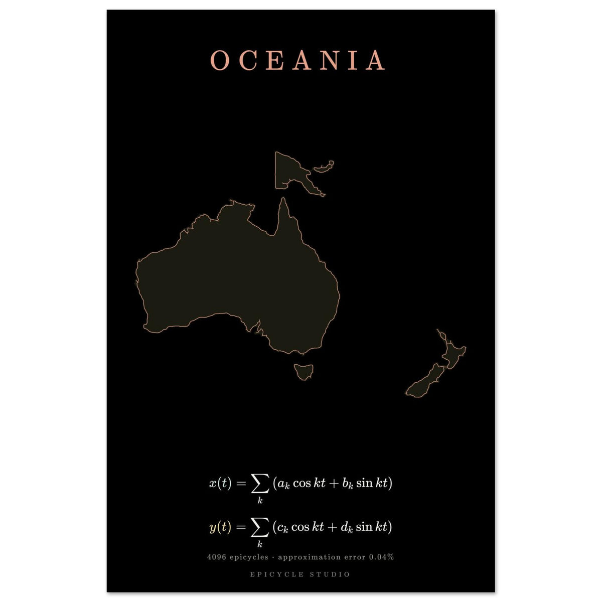 Oceania map drawn by 4096 rotating circles, salmon line art on a matte poster (4)