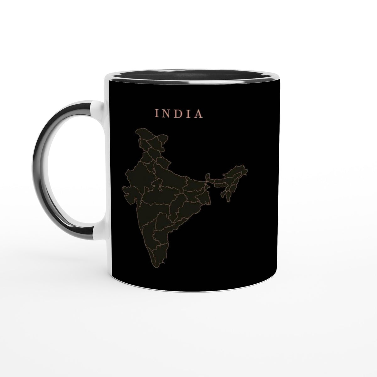 India map drawn by 4096 rotating circles, salmon line art on a black mug (2)