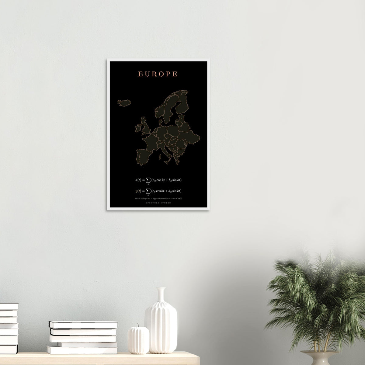 Europe map drawn by 4096 rotating circles, salmon line art on a framed poster (7)