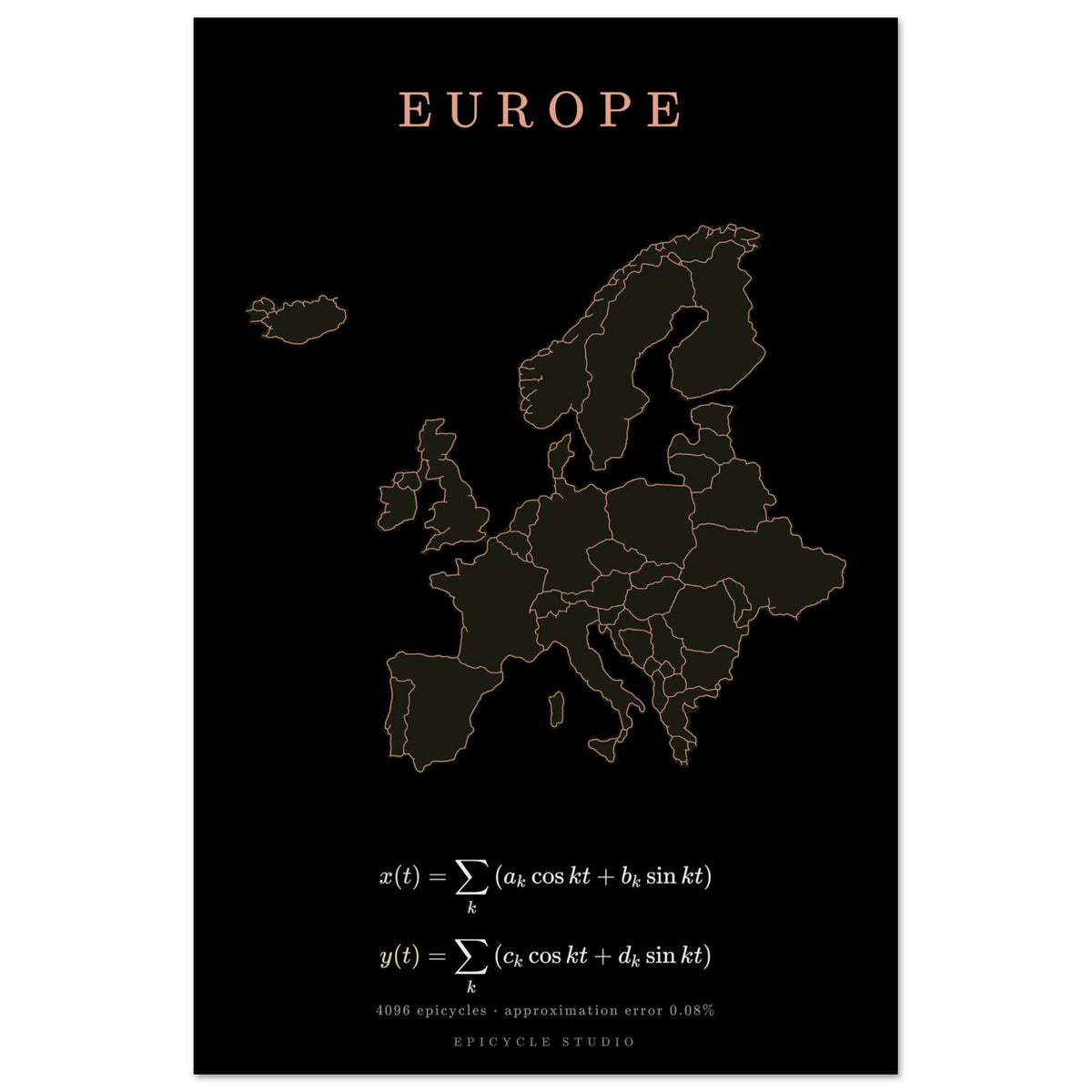 Europe map drawn by 4096 rotating circles, salmon line art on a matte poster (4)