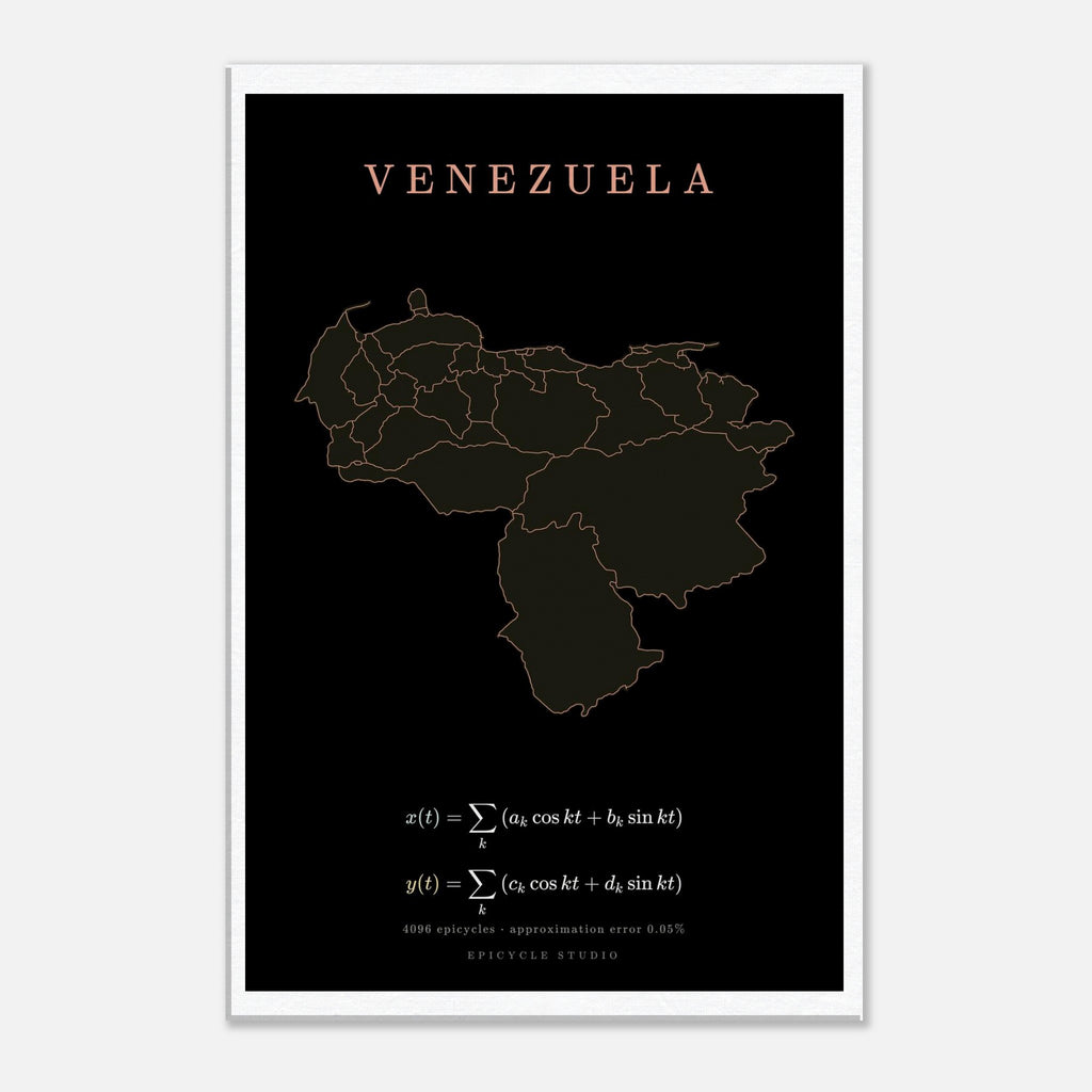Venezuela map drawn by 4096 rotating circles, salmon line art on a canvas print