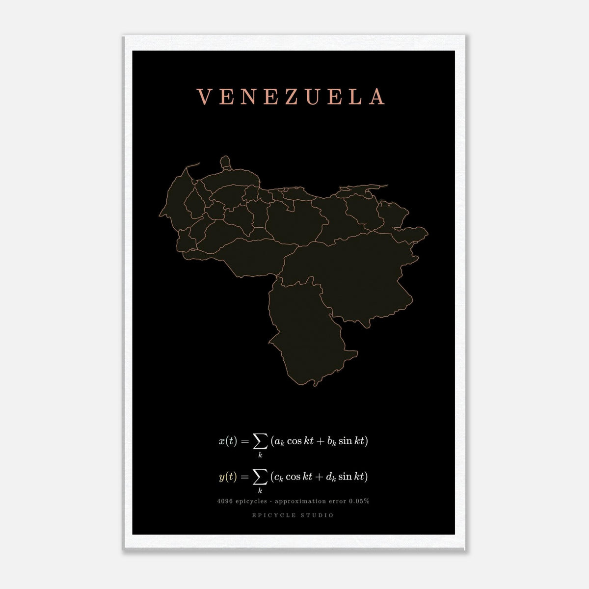 Venezuela map drawn by 4096 rotating circles, salmon line art on a canvas print