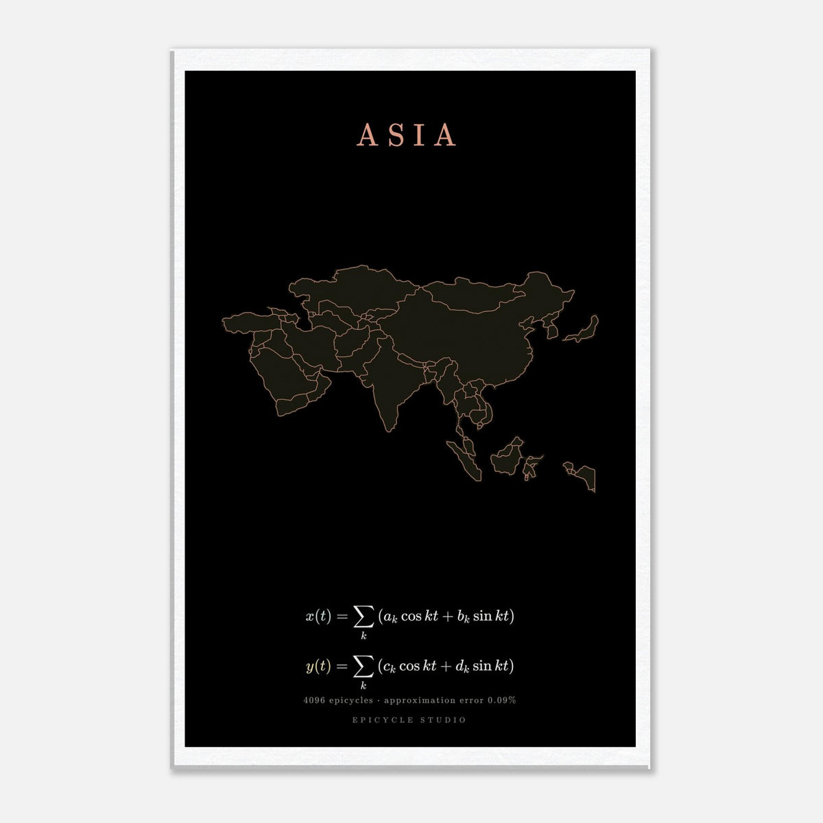 Asia map drawn by 4096 rotating circles, salmon line art on a canvas print