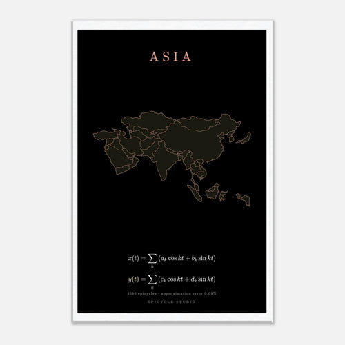 Asia map drawn by 4096 rotating circles, salmon line art on a canvas print