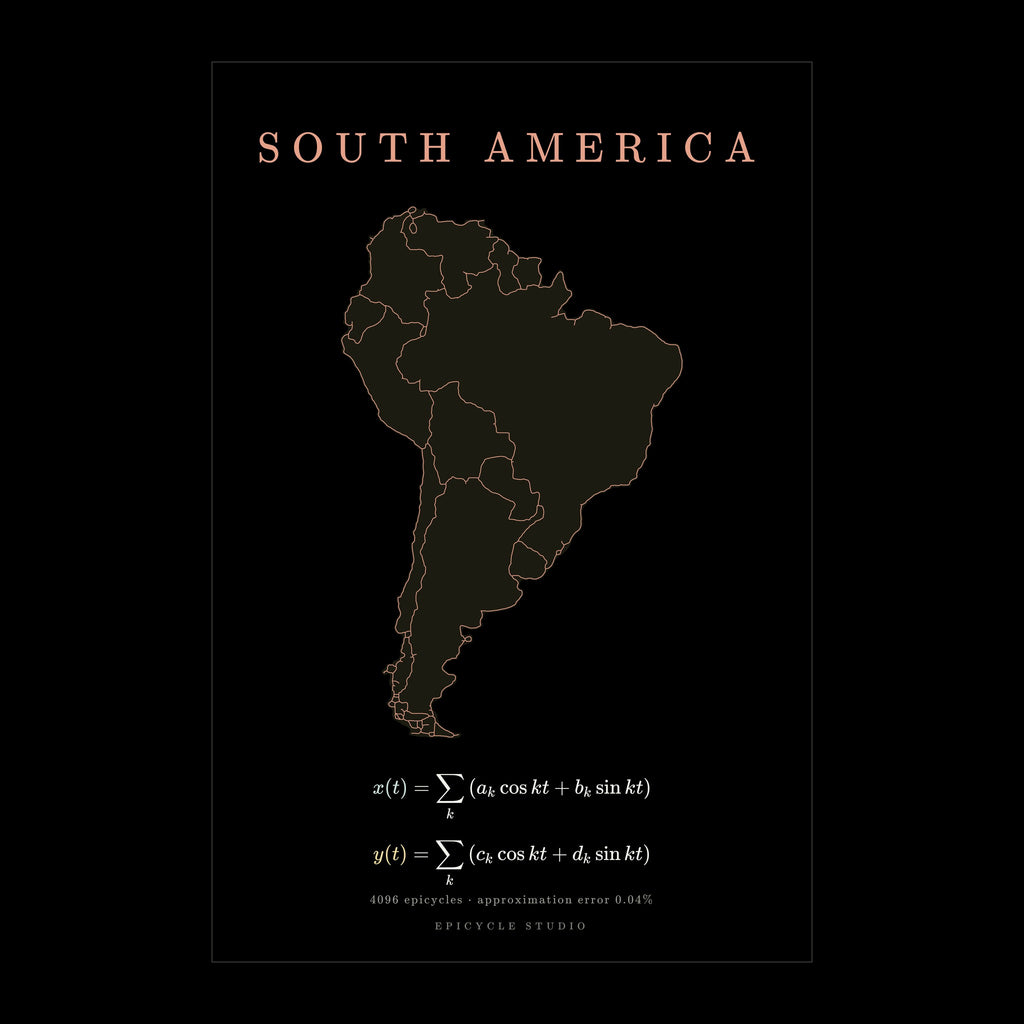 South America map drawn by 4096 rotating circles, black poster (cover)