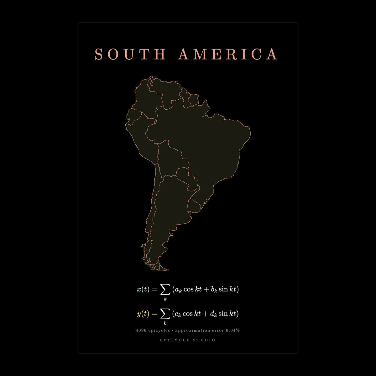 South America map drawn by 4096 rotating circles, salmon line art on a matte poster