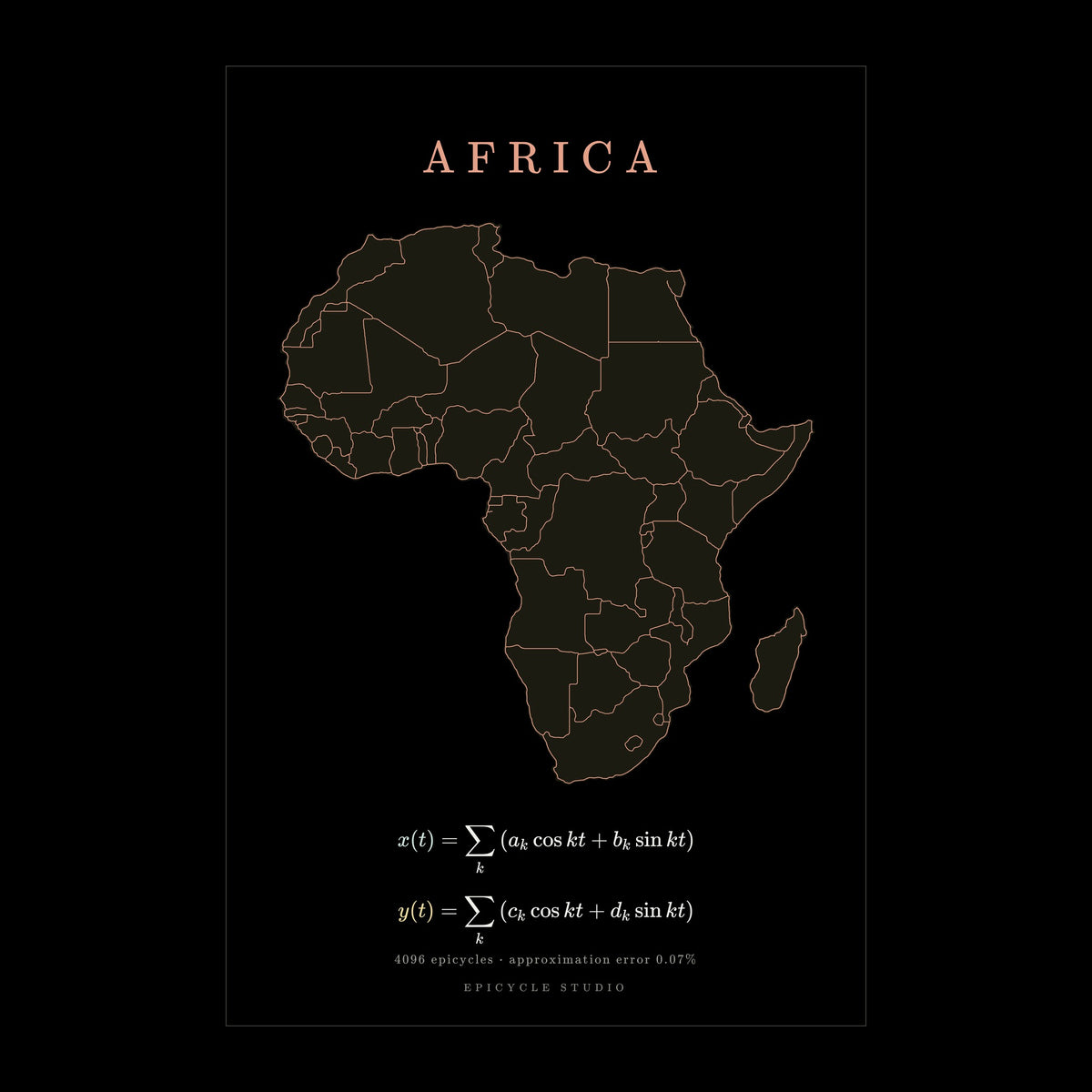 Africa map drawn by 4096 rotating circles, salmon line art on a matte poster