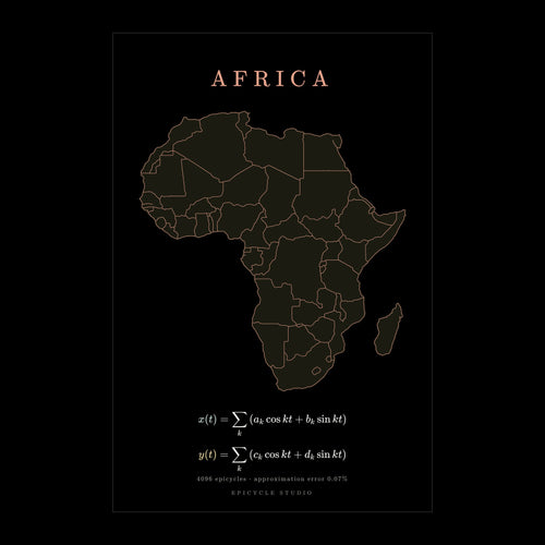 Africa map drawn by 4096 rotating circles, black poster (cover)