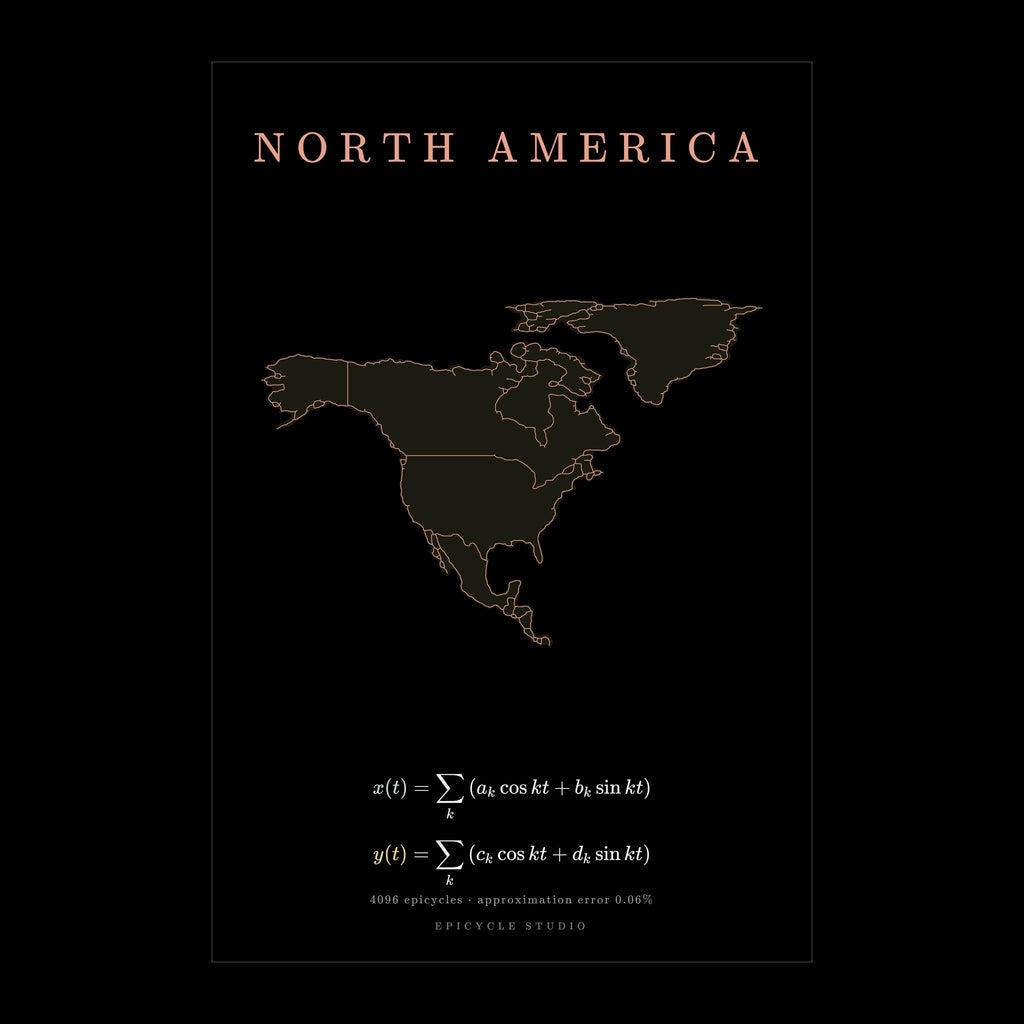 North America map drawn by 4096 rotating circles, black poster (cover)