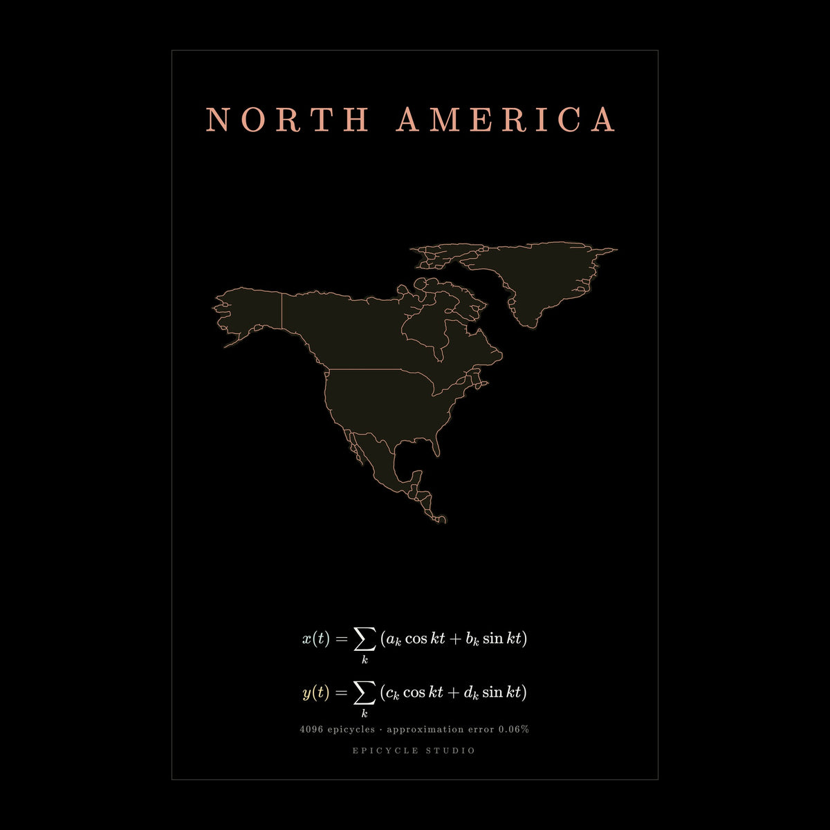 North America map drawn by 4096 rotating circles, salmon line art on a matte poster